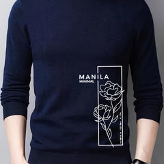 Rose Print Knitted Sweater Men's Crew Neck Pullover For Fall Winter