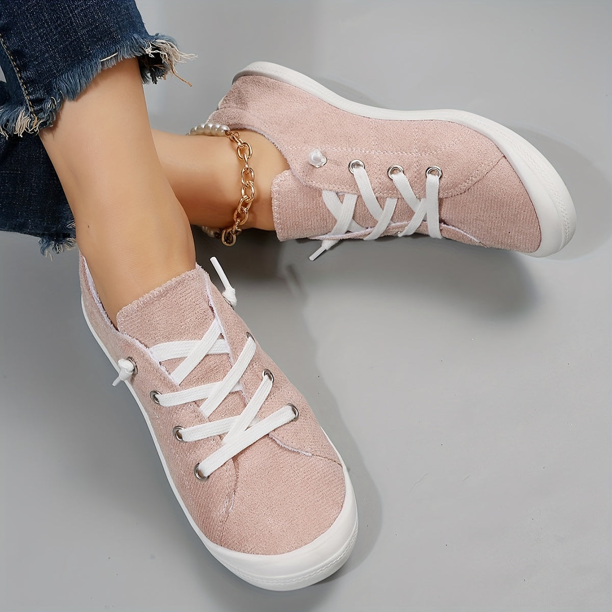 Women's Pink Flat Canvas Shoes Casual Low Top Lace Up Sneakers