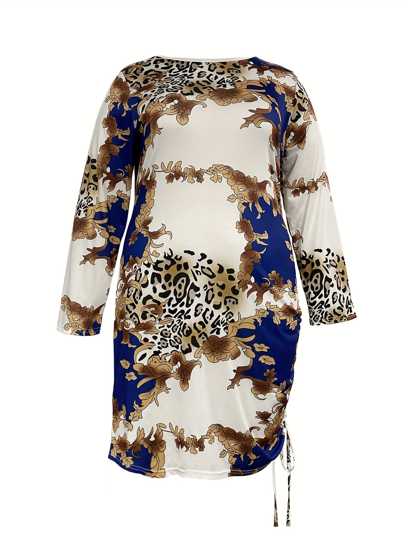 Plus Size Baroque Print Ruched Long Sleeve Bodycon Midi Dress