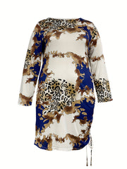 Plus Size Baroque Print Ruched Long Sleeve Bodycon Midi Dress