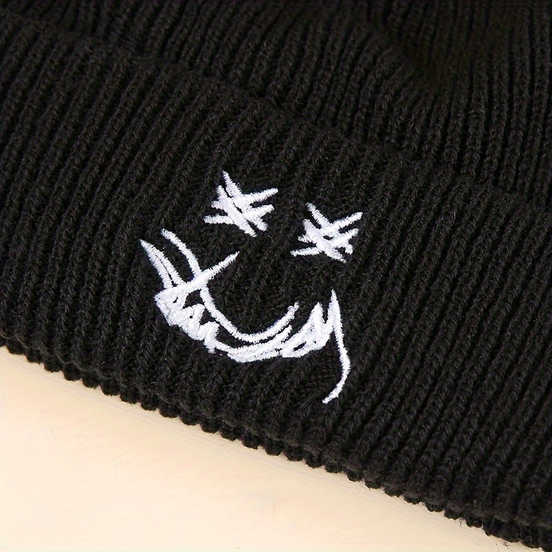 Winter Happy Face Embroidered Beanie Hat Ear Protection Warm Hat