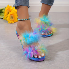 Women's Faux Fur Decor Slide Sandals Double Strap Slip On Shoes
