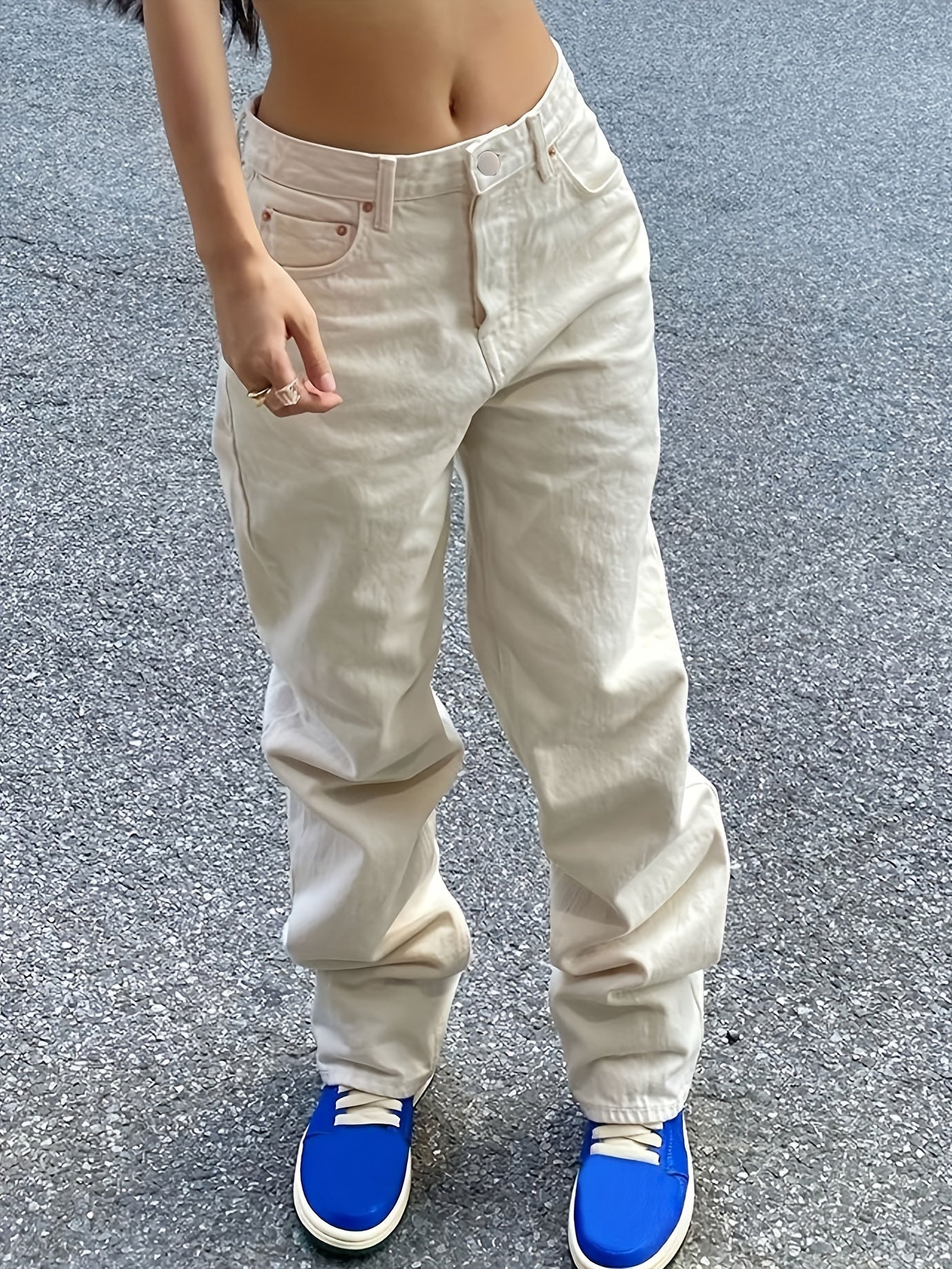 High Waist Straight Jeans Loose Fit Slash Pockets