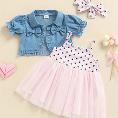 3pcs Baby Girls Denim Top & Cami Dress Set with Headband