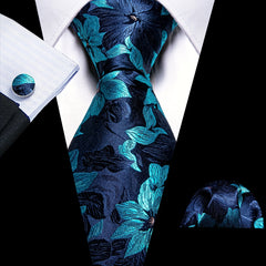 Barry Wang Vintage Men's Tie Set Silver Floral Jacquard Party
