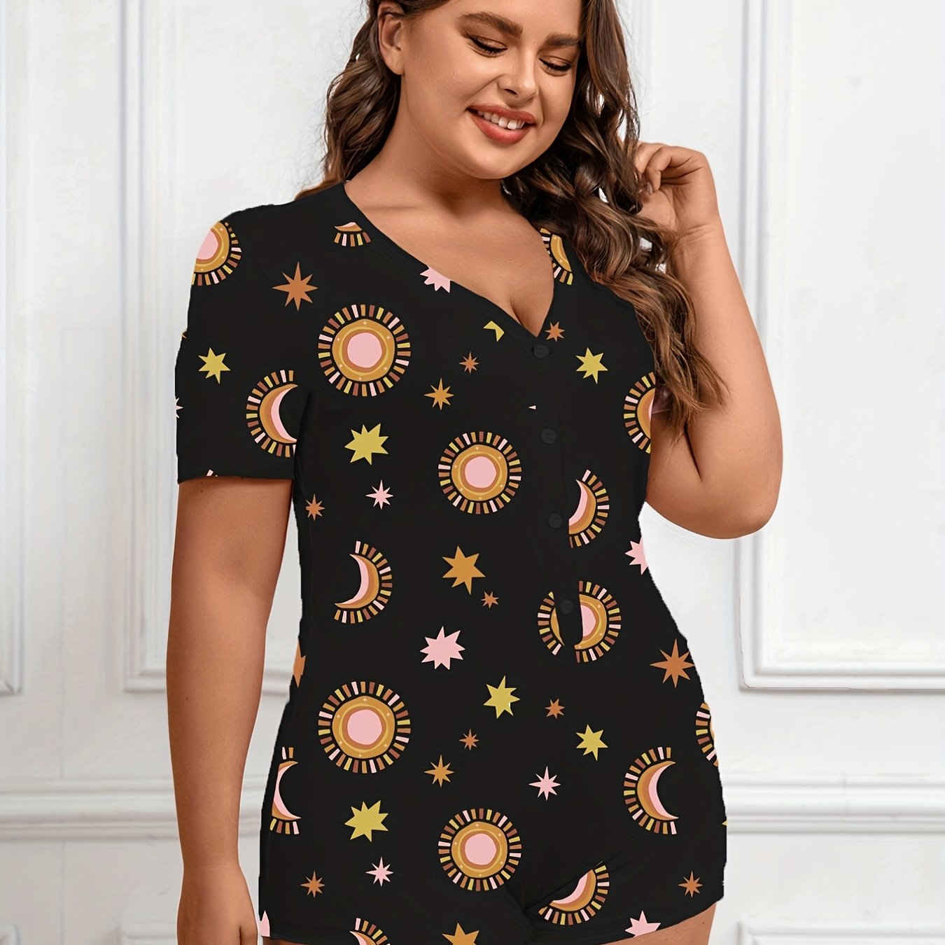 Sun & Moon & Star Print Button Up Romper