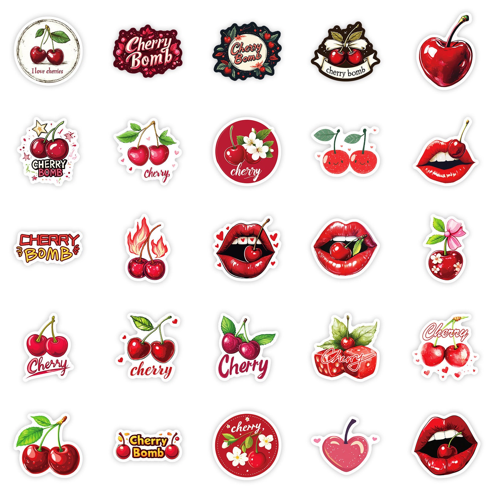 50pcs Cherry Stickers Waterproof Vinyl Decals Cartoon Cats Lips & Cherry Bomb