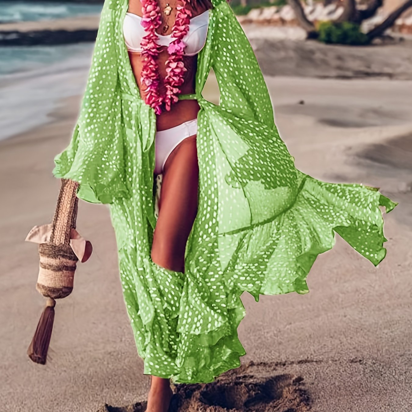 V Neck Loose Fit Ruffle Cover Up Shirt Beachwear Kimono