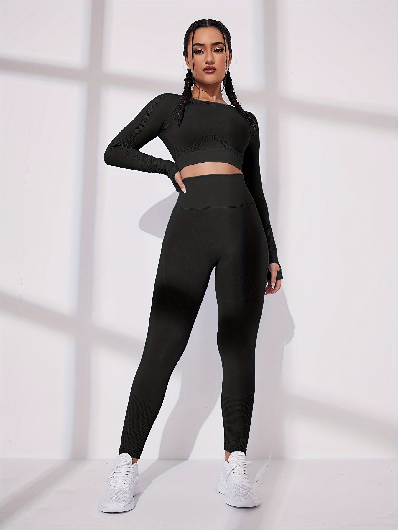 Women's Solid Long Sleeve Yoga Set for Fitness and Running