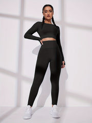 Women's Solid Long Sleeve Yoga Set for Fitness and Running
