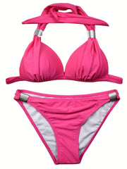 Metal Decor Halter Neck Bikini Set High Cut Swimsuit
