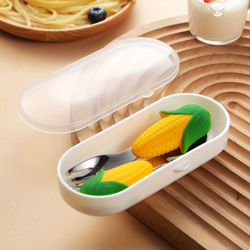 2pcs Cartoon Fork & Spoon Set For Toddlers Stainless Steel Tableware
