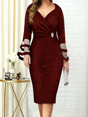 Solid V Neck Long Sleeve Dress