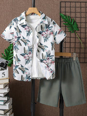 Boys Floral & Leaf Print Short Sleeve T-shirt & Shorts Set