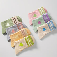 7 Pairs Heart Print Striped Socks Women's Mid Tube Stockings