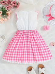 Girls Sleeveless Plaid Dress with Letter Embroidery
