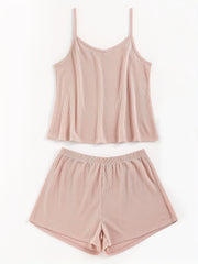 Solid V Neck Waffle Camisole & Shorts Pajama Set