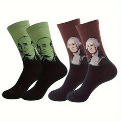 Men's Illustration Pattern Crew Socks 2 Pairs