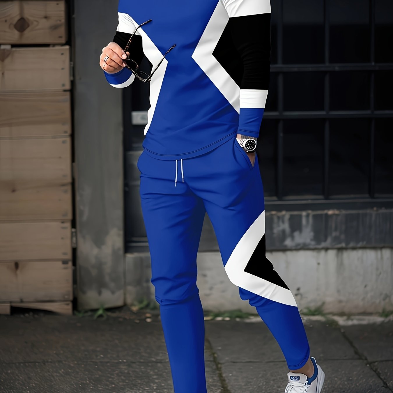 Men's Block Print 2-Piece Outfit: Sweatshirt & Sports Trousers
