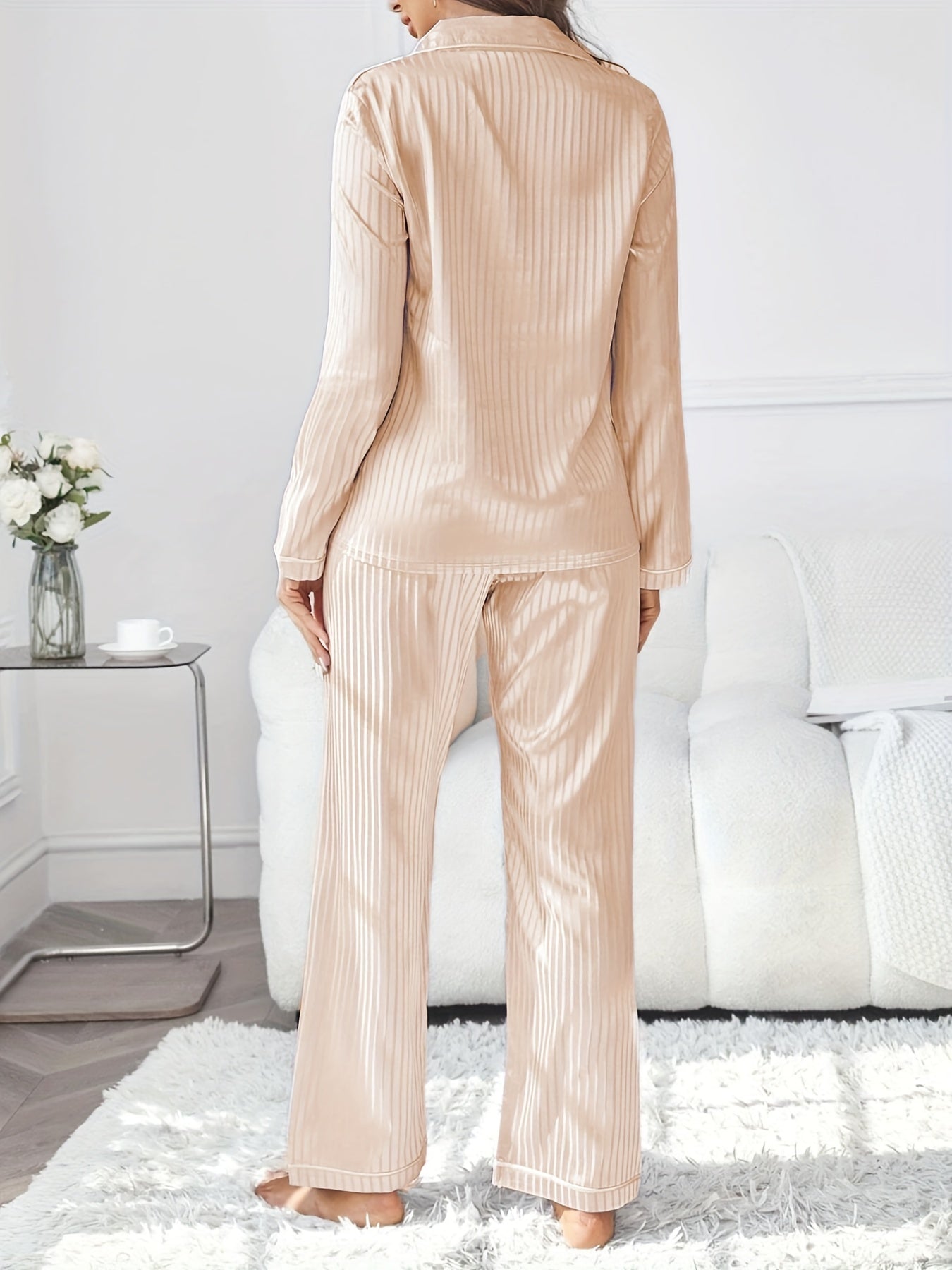 Striped Satin Pajama Set Long Sleeve Top & Pants Women's Sleepwear