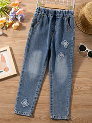 Kid Girl Butterfly Decor Skinny Fit Cotton Denim Pants