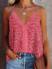 Floral Print Lace Spaghetti Strap Top V Neck Cami
