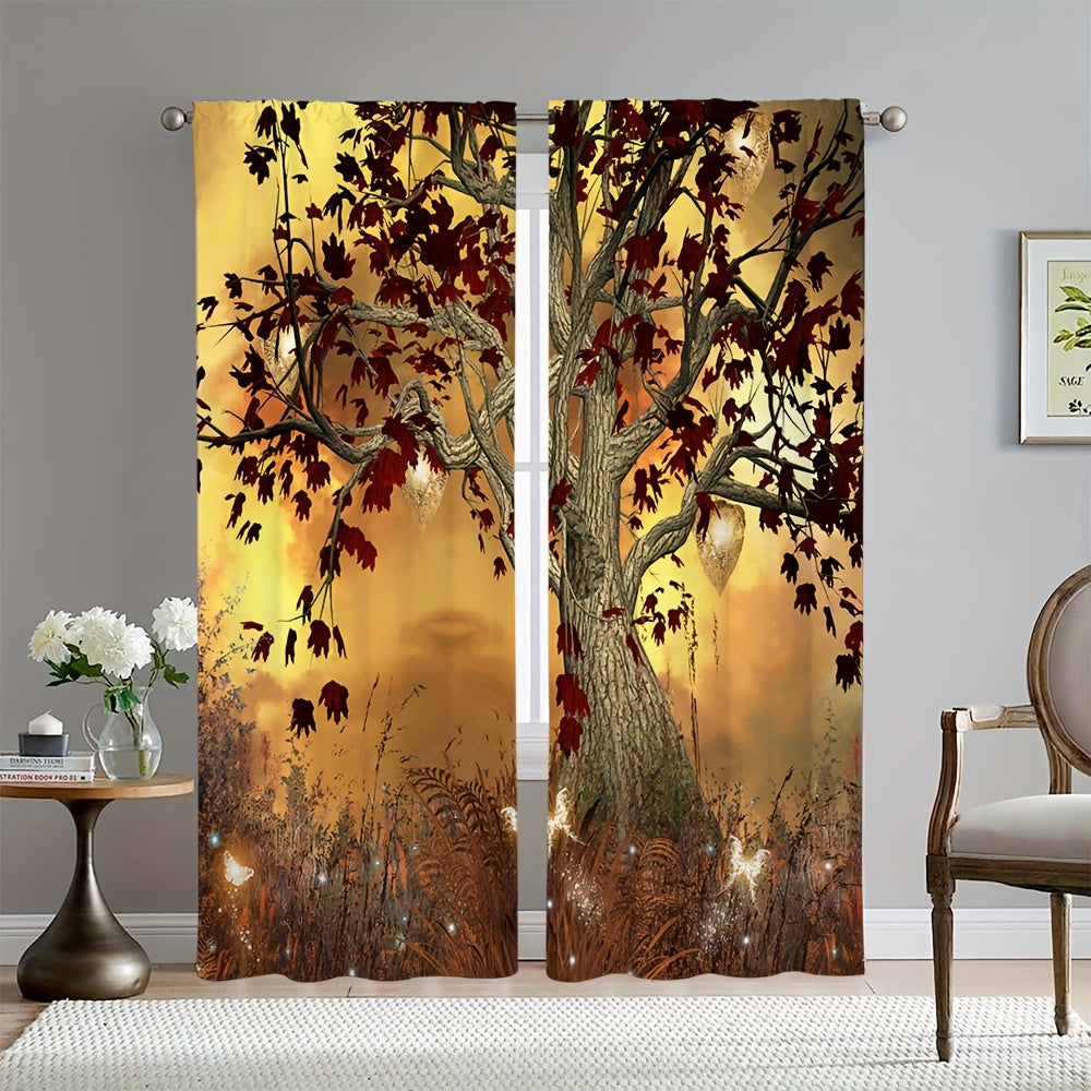 Golden Tree Scenery Rod Pocket Window Curtain for Home Decor