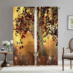 Golden Tree Scenery Rod Pocket Window Curtain for Home Decor