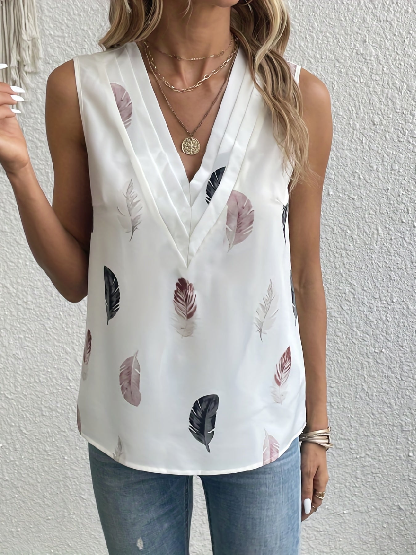 Feather Print V Neck Tank Top Sleeveless Casual Summer Women's Clothing