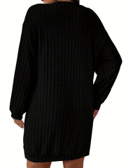 Ribbed V Neck Sweater Dress Long Sleeve Mini Dress