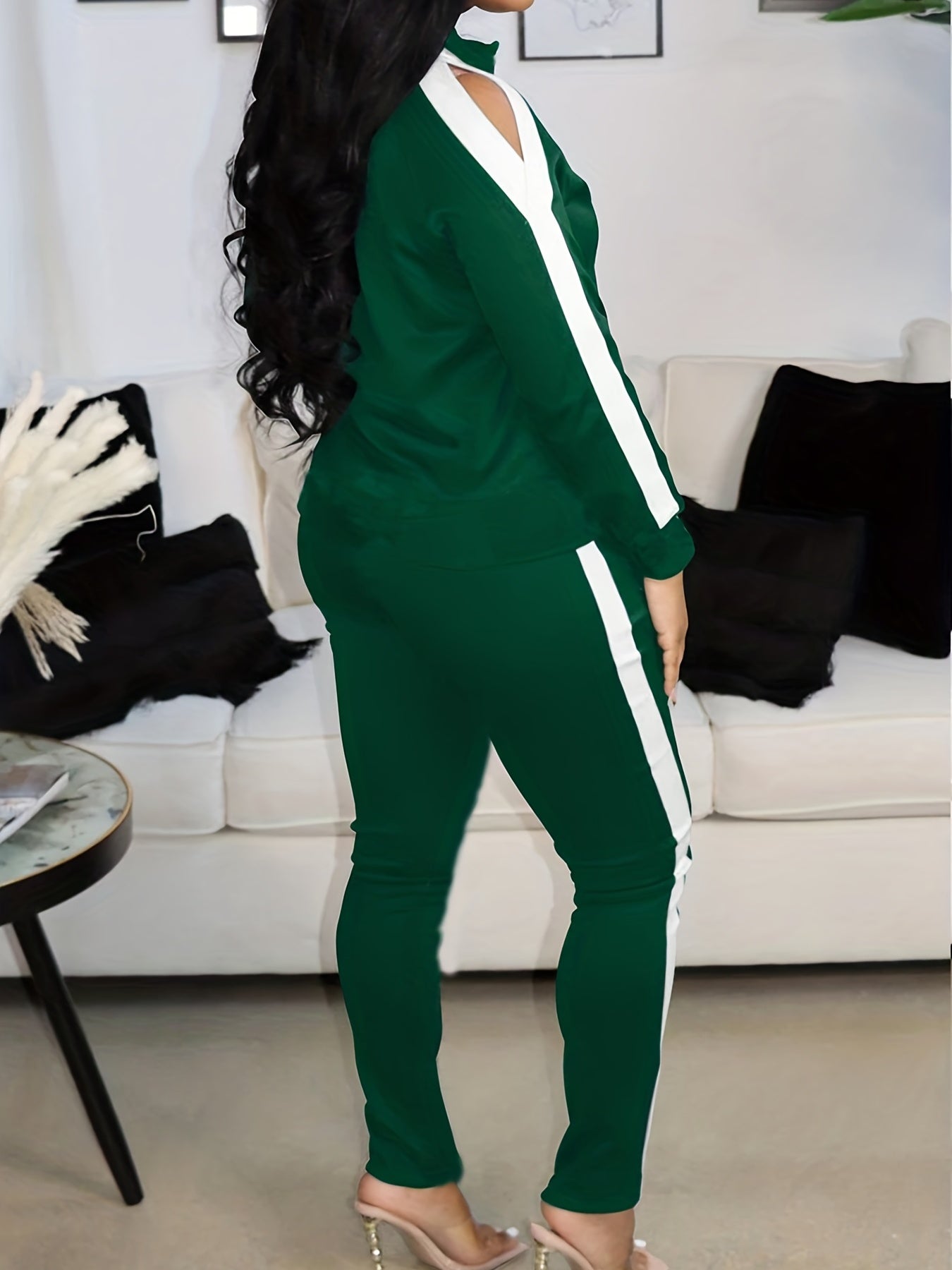 Stripe Print Cut Out Zip Up Mock Neck Coat & Leggings Set