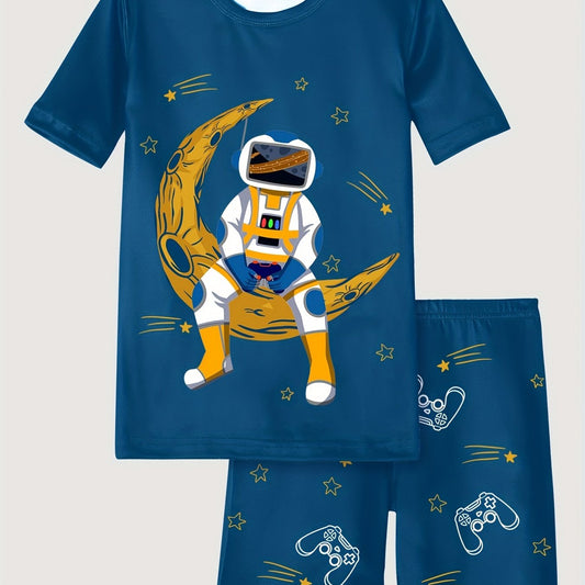 Boy's Moon Astronaut Pajama Set Short Sleeve Top & Shorts