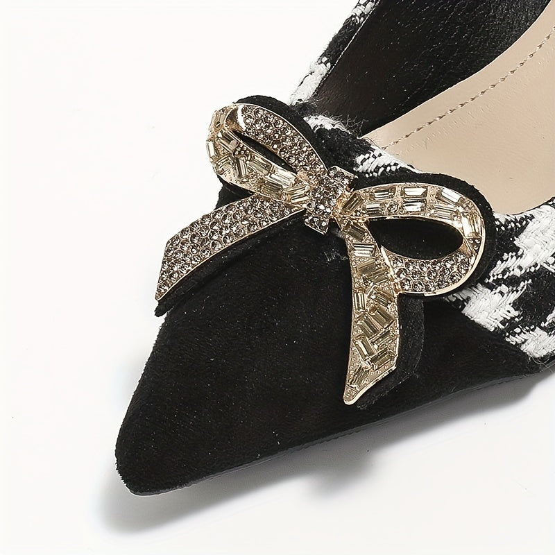 Women's Cap Toe Rhinestone Bow Houndstooth Stiletto Heels Pointed Toe Pumps