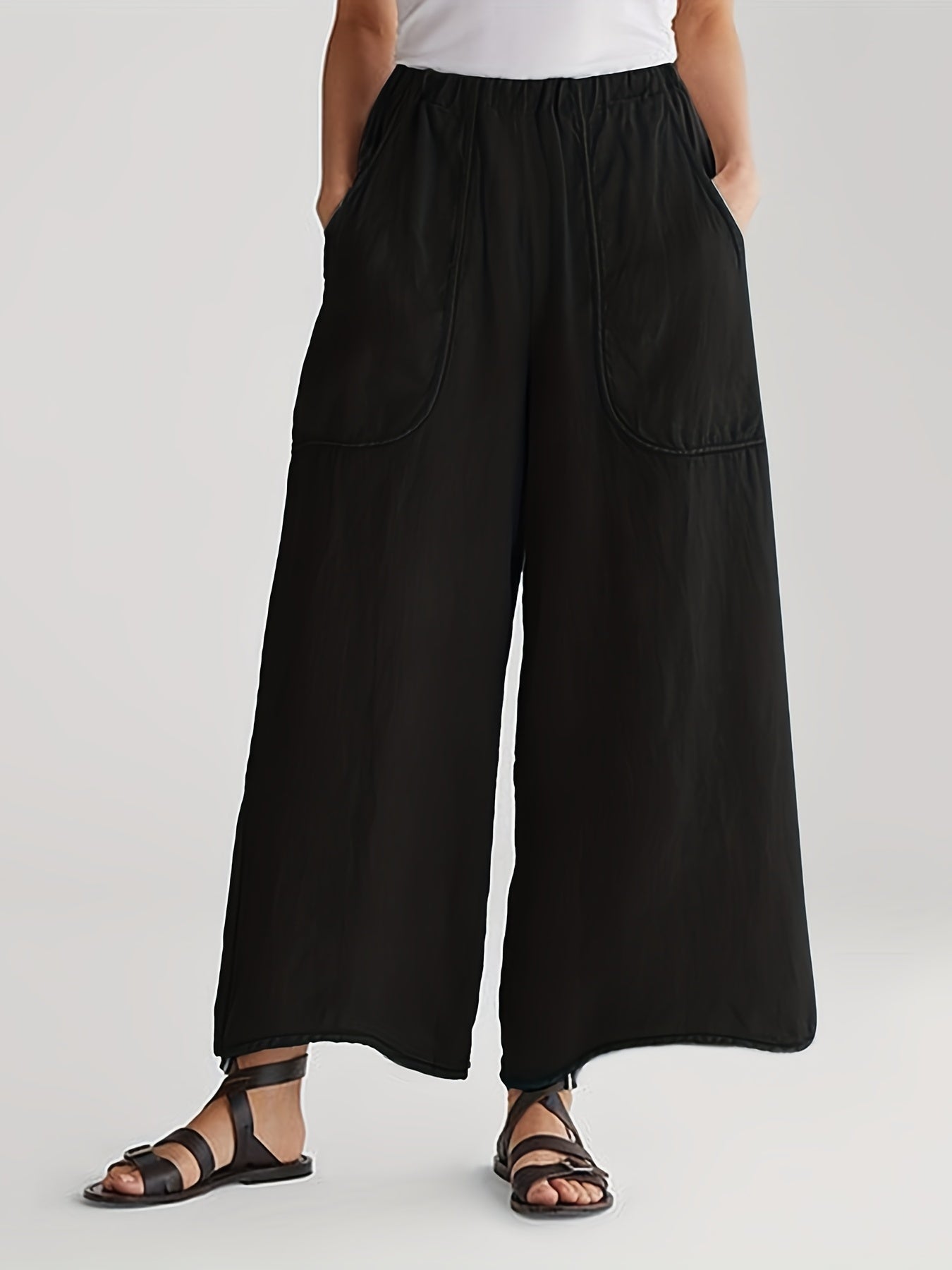 Elastic Waist Wide Leg Pants with Pockets