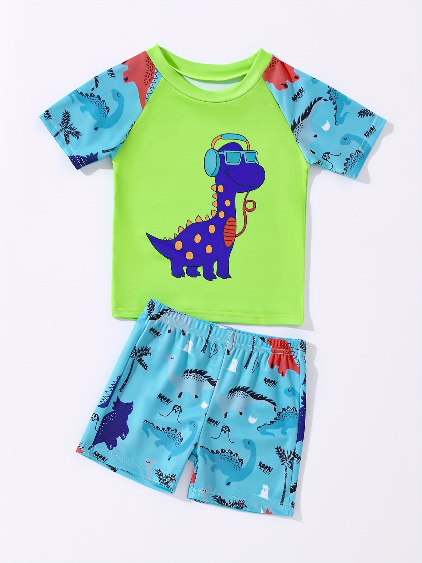 Kid's Swim Trunks & Tops 2pcs Dino Music Print, Beach Vacation Casual Set