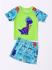 Kid's Swim Trunks & Tops 2pcs Dino Music Print, Beach Vacation Casual Set