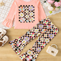 Toddler Girl's Floral Outfit 2pcs Trumpet Sleeve Top & Checkerboard Flared Pants