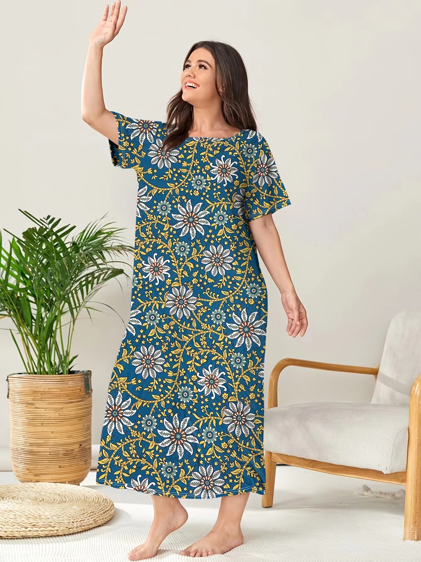 Boho Loungewear Dress Plus Size Floral Print Short Sleeve Round Neck