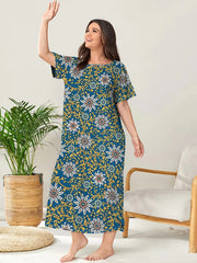 Boho Loungewear Dress Plus Size Floral Print Short Sleeve Round Neck