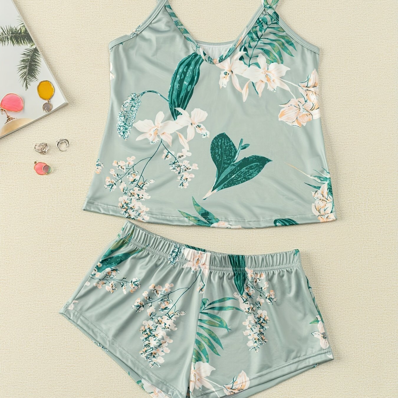 Floral Print Pajama Set V Neck Cami Top & Shorts