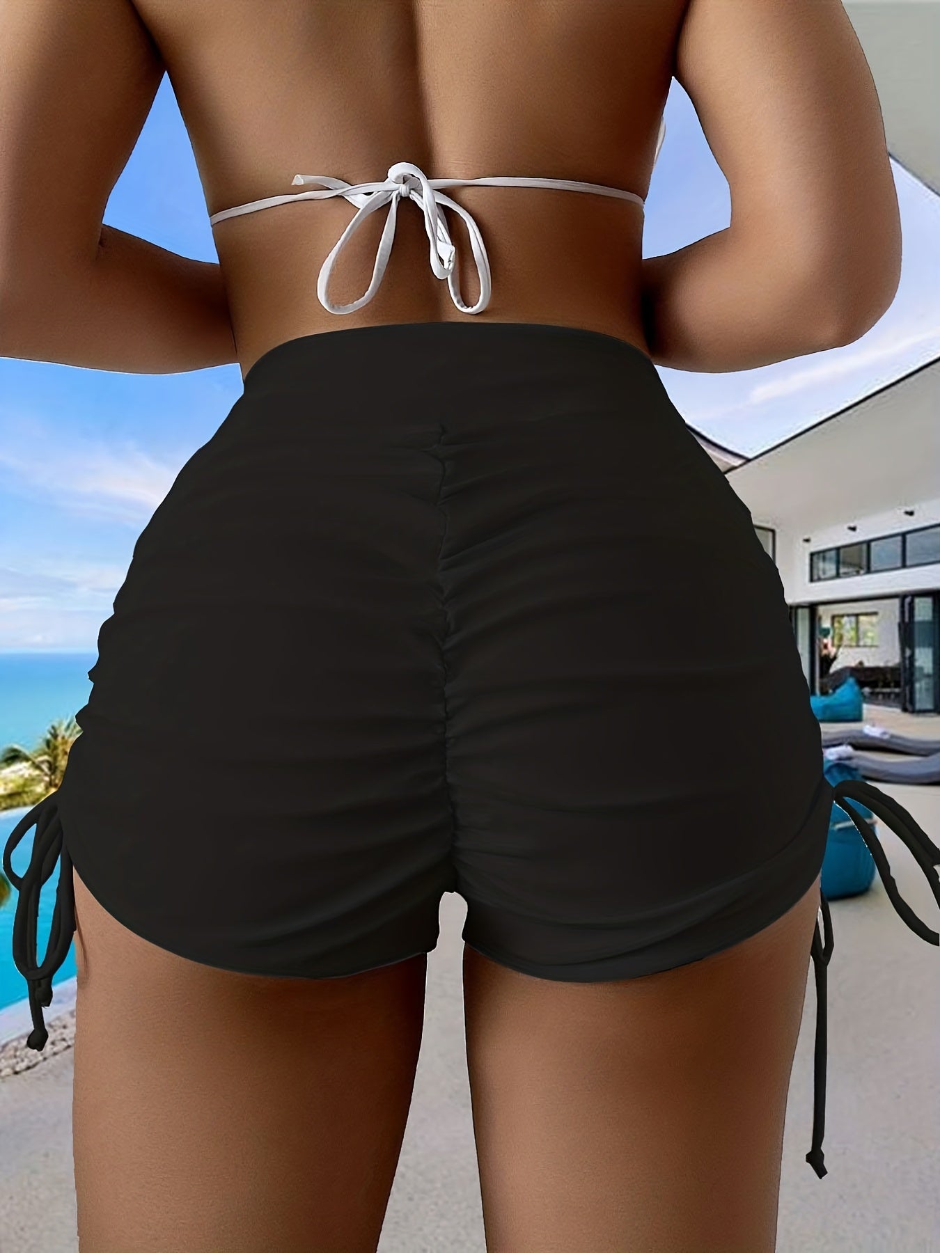 Drawstring Tie Side Boxer Swim Shorts Solid High Stretch Beach Bottoms