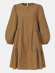 Solid Lantern Sleeve Round Neck Smock Dress
