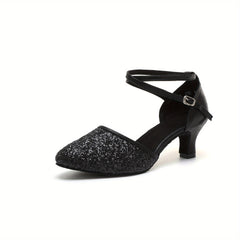 Sequined Latin Dance Shoes with Ankle Straps & Kitten Heels