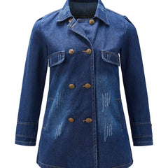 Double Breasted Distressed Denim Jacket Women's Long Sleeve Coat