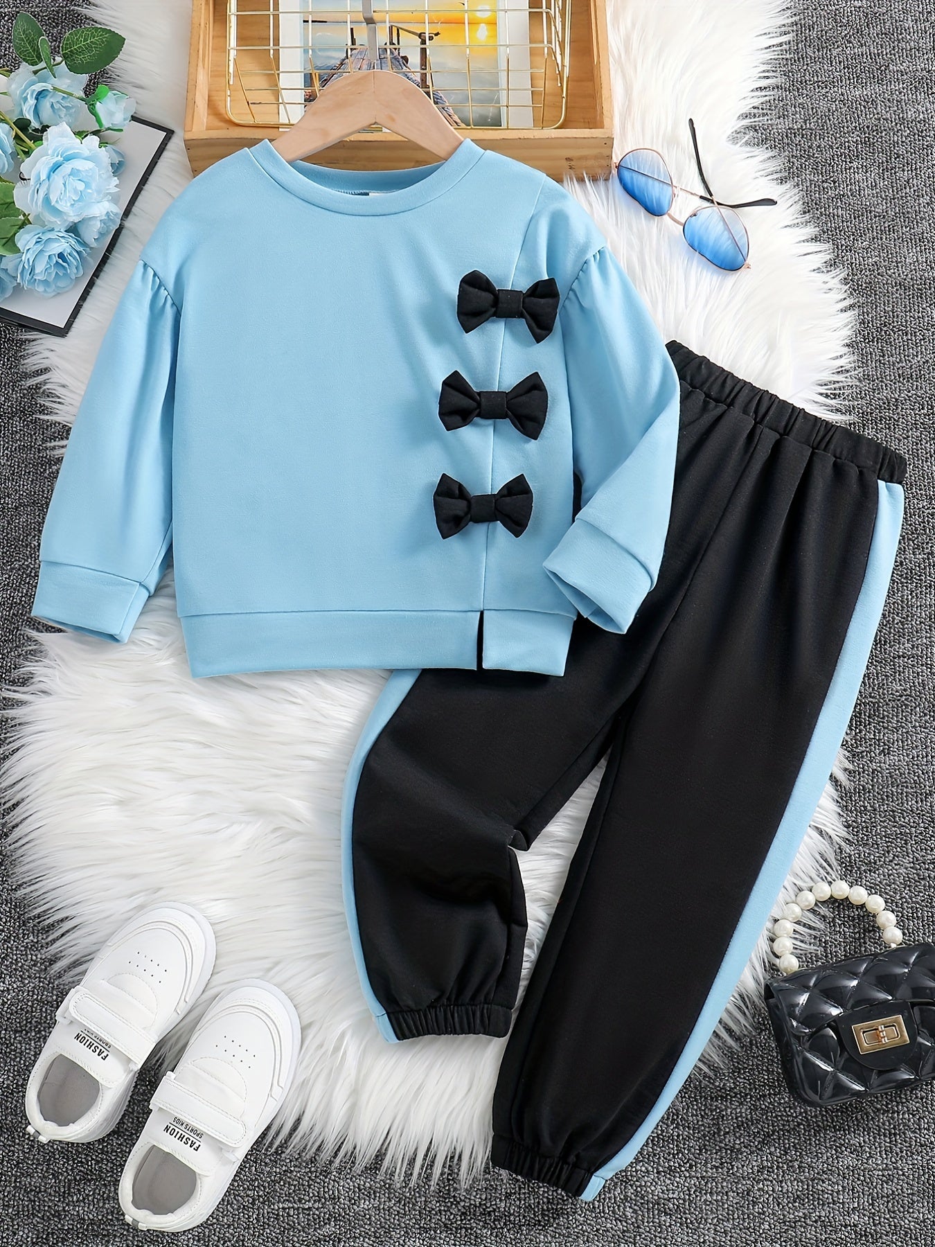 Girls 2pcs Sweatshirt & Pants Set Bow Decor Long Sleeve Pullover Top Casual Kids