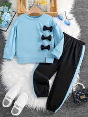 Girls 2pcs Sweatshirt & Pants Set Bow Decor Long Sleeve Pullover Top Casual Kids