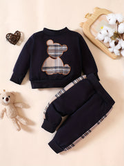 Baby Plaid Bear Embroidery Set Sweatshirt Tops Pants