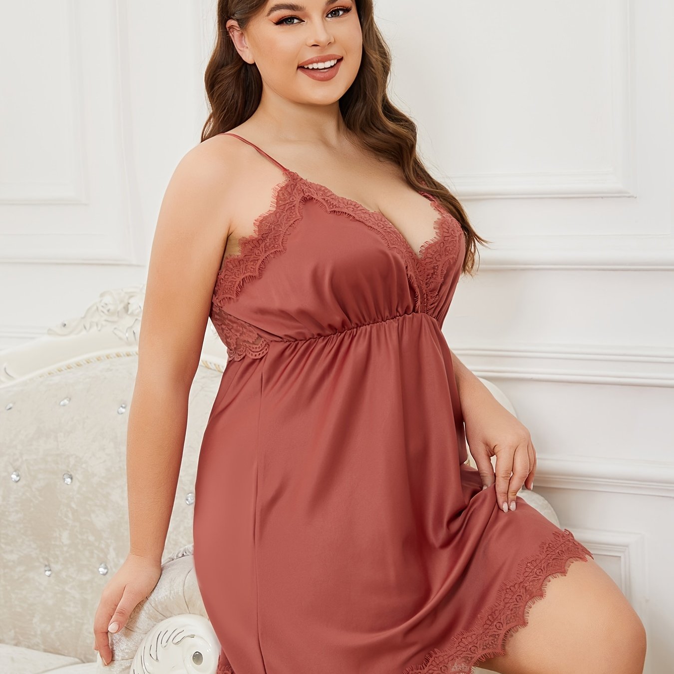 Women's Plus Satin Lace Slip Dress Nightgown
