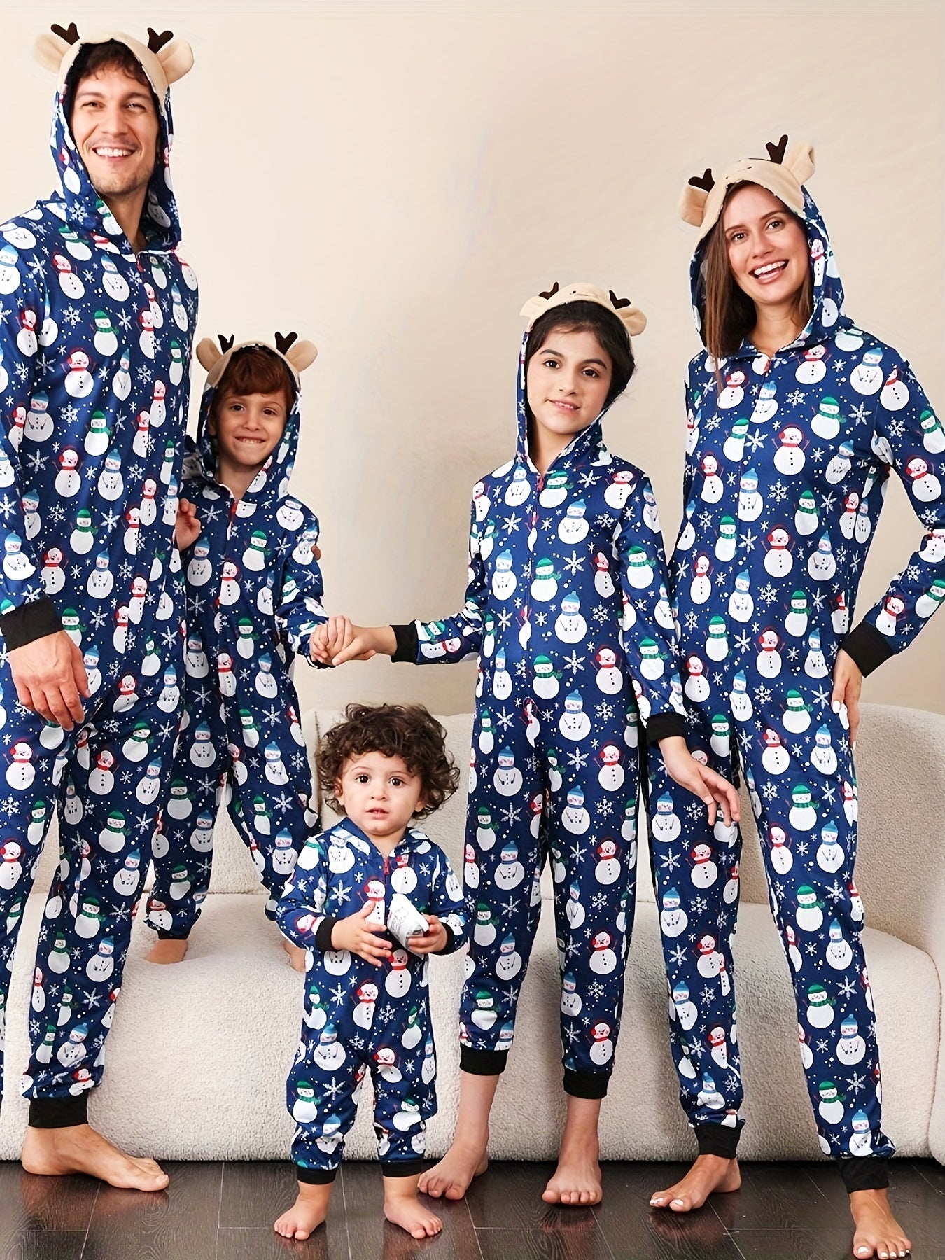 Elk Hooded Pajama Jumpsuit Snowman Print Christmas Pajamas