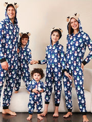 Elk Hooded Pajama Jumpsuit Snowman Print Christmas Pajamas